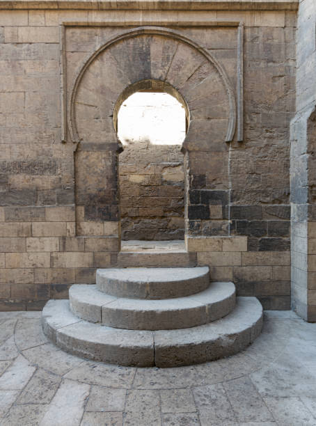istock Wooden aged vaulted open door, three steps and stone wall 646702124