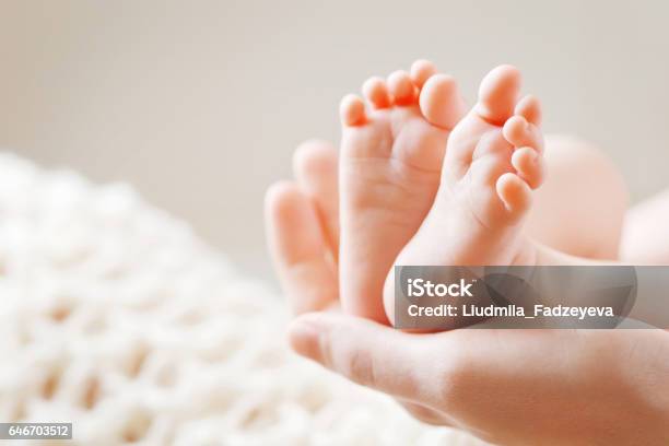 Baby Feet In Mother Hands Mom And Her Child Stock Photo - Download Image Now - Baby - Human Age, Foot, Newborn