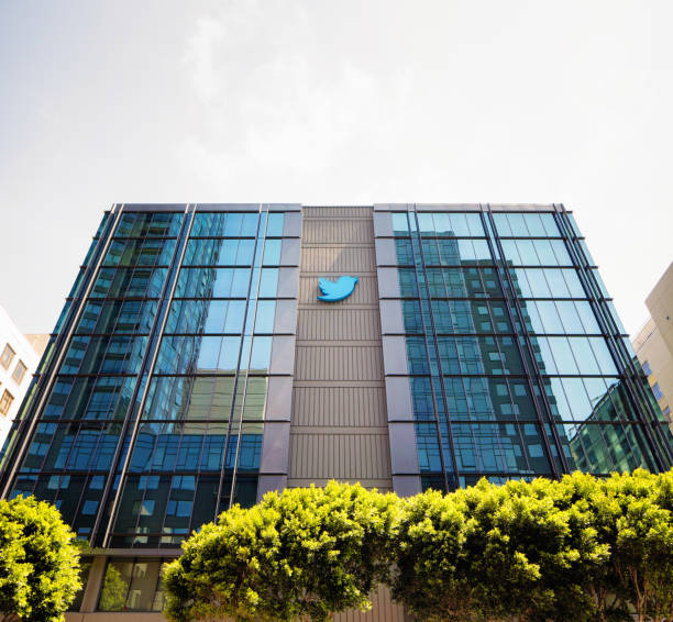 Twitter Headquarters building in San Francisco with  sign on windows Twitter Headquarters building in San Francisco with  sign on windows low angle view base stock pictures, royalty-free photos & images