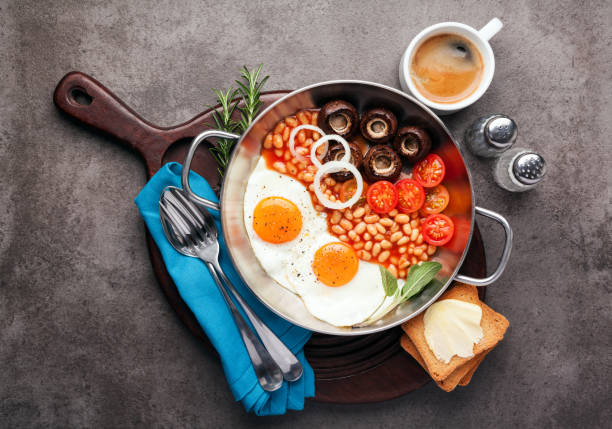 istock Fried eggs with toasts, beans and coffee on the table 646709844