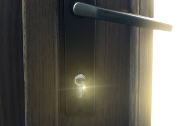 istock Door lock covered with frost with in front of sunlight 646717004