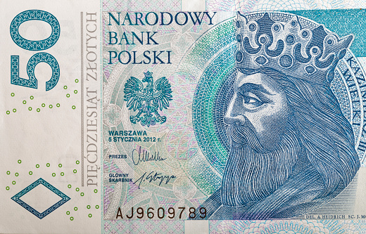 Polish money bill fifty zloty macro with portrait of King of Poland Casimir III the Great.