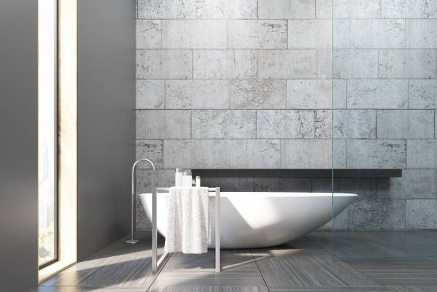 istock Bathroom with white tub, shelf and concrete walls 646723110