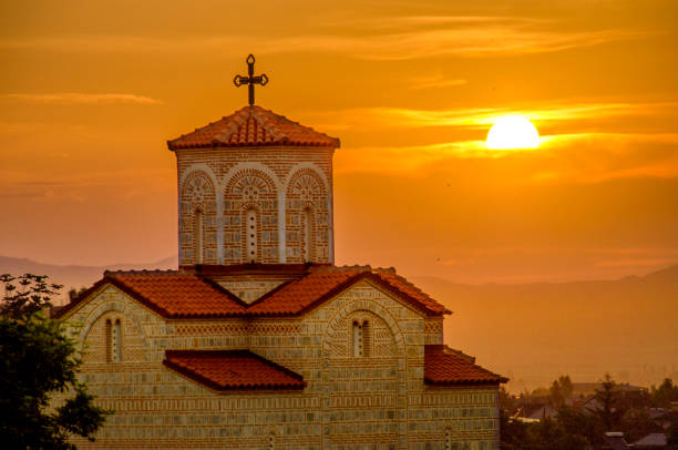 Early sunrise behind  St. Athanasius church in Bitola, Macedonia