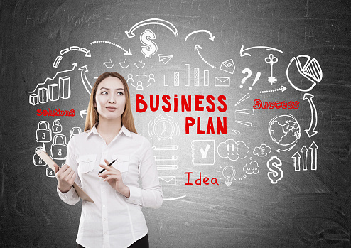 Young asian woman with document in hand thinking about business plan. She is standing on chalkboard background with business sketch