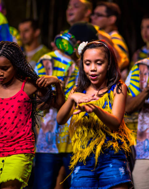 Brazilian Carnival. Presentation in public square of the samba school Unidos do Garrafão, in Ilhabela, Brazil, on February 23, 2017. stock photo