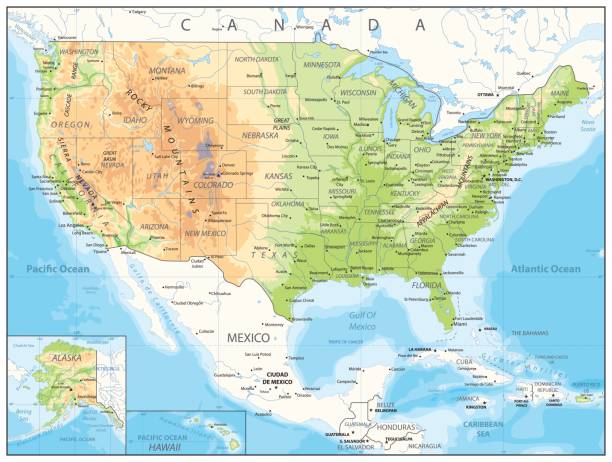 USA detailed physical map USA detailed physical map with roads, railroads, water objects, cities and capitals. relief map stock illustrations