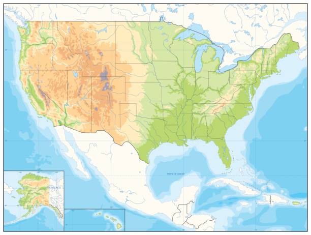 Detailed Relief map of USA. No text Detailed Relief map of USA. No text. Vector illustration. land feature stock illustrations