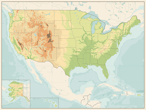 Detailed Relief map of USA. Retro color. No text