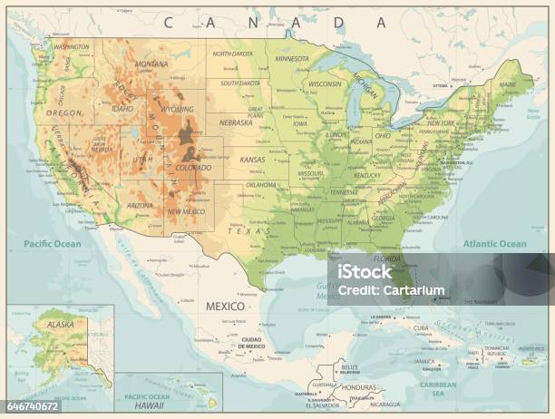Retro Color Physical Map Of Usa Stock Illustration - Download Image Now - USA, Map, Mexico