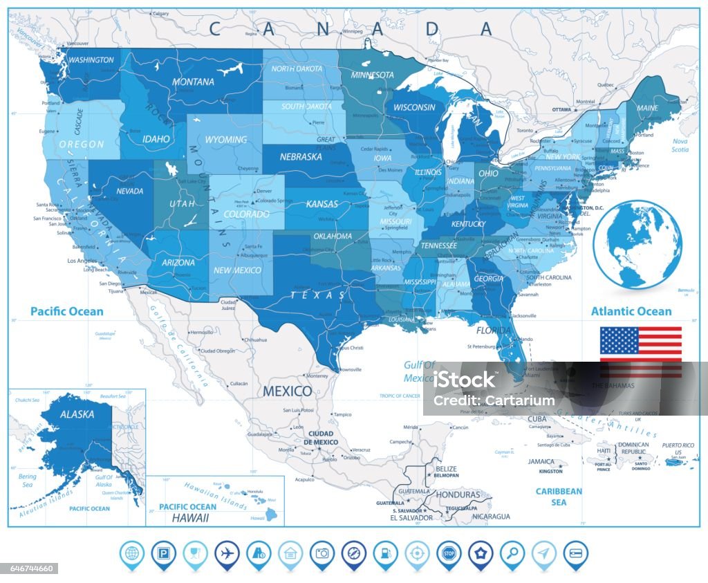 USA Road Map in colors of blue and map pointers USA Road Map in colors of blue and map pointers with roads, water objects and cities. Map stock vector