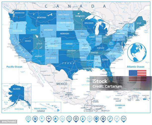 Usa Road Map In Colors Of Blue And Map Pointers Stock Illustration - Download Image Now - Map, USA, Mexico