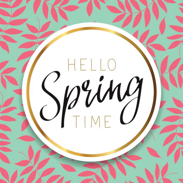 Spring time. Calligraphy and lettering Hello spring time. Calligraphy and lettering. Vector illustration on a green background. Concept card. first day of spring stock illustrations