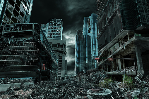 Detailed destruction of fictitious city with debris and collapsing structures. Concept of war, natural disasters, judgment day, fire, nuclear accident or terrorism.