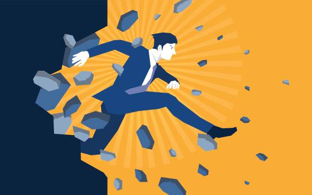 Businessman jump breaking the wall Businessman jump breaking the wall. appearance stock illustrations