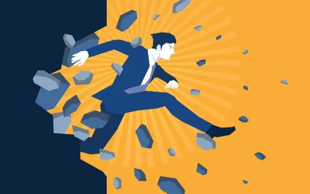 Vector illustration of Businessman jump breaking the wall