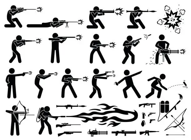 Vector illustration of Man attacks with various type of modern warfare weapons.