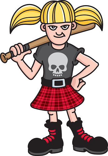 Vector design of a young punk rock girl with a skull t-shirt and baseball bat.