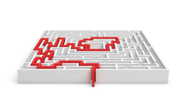 istock 3 rendering of white square labirynth with a red line showing the true path to exit isolated on white background 646780212