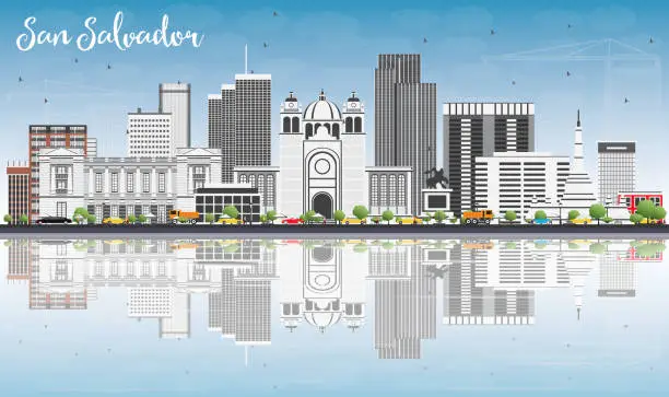 Vector illustration of San Salvador Skyline with Gray Buildings, Blue Sky and Reflections.