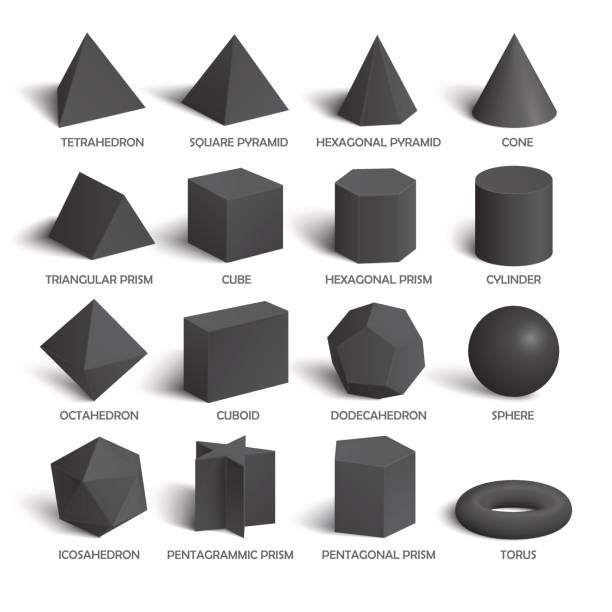 alle grundlegenden 3d formen vorlage in dunkelheit - hexahedron stock-grafiken, -clipart, -cartoons und -symbole