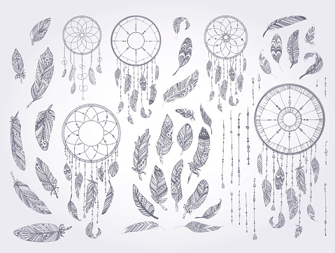Rustic Ethnic decorative feathers. Hand drawn vintage vector design set. Black and white ink sketch illustration. Vintage Tribal and Decorative feathers.