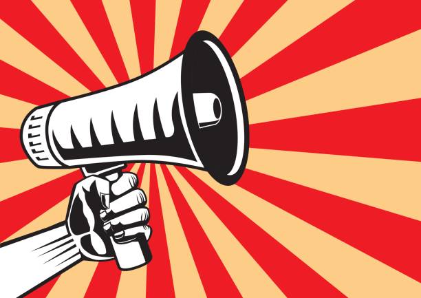 ilustrações de stock, clip art, desenhos animados e ícones de hand reaching out a megaphone on shine background. - greve