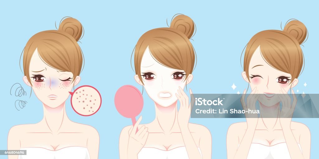 woman with skincare problem cartoon beauty woman with skincare problem before and after Acne stock vector