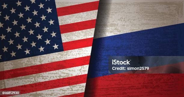 Usa And Russian Flag With Grunge Texture Background - Arte vetorial de stock e mais imagens de Rússia