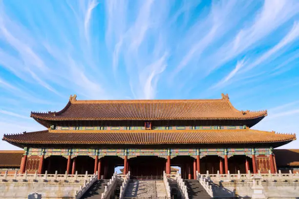 Image of Forbidden City with clear sky above the imperial palace in Beijing, China