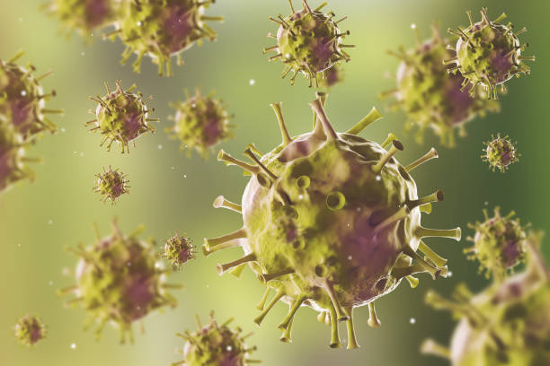 istock Virus closeup against green background 646821590
