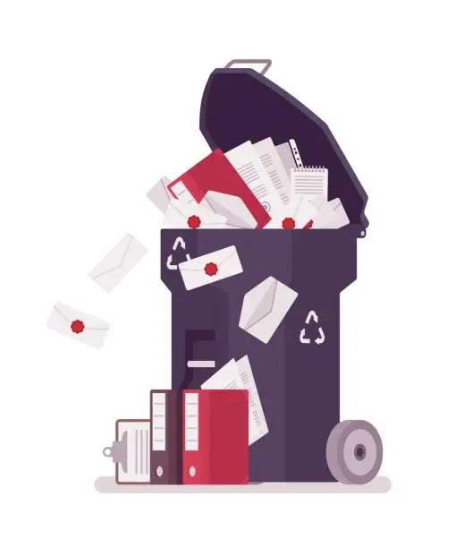 Vector illustration of Blue trash bin with paper and documentation