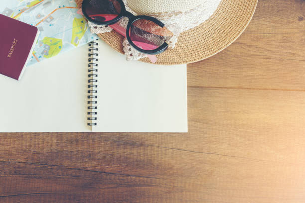istock Traveling concept : Passport , city maps , eyeglasses , woven hat and notebook 646833610