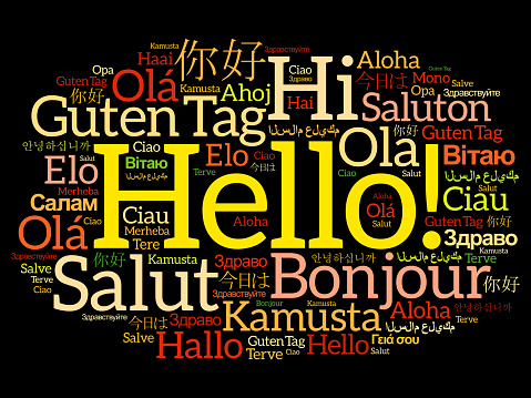 Hello word cloud collage in different languages of the world, background concept