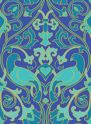 Blue floral pattern. Seamless filigree ornament. Stylized template for wallpaper, textile, shawl, carpet and any surface. Colorful background with birds and flower.