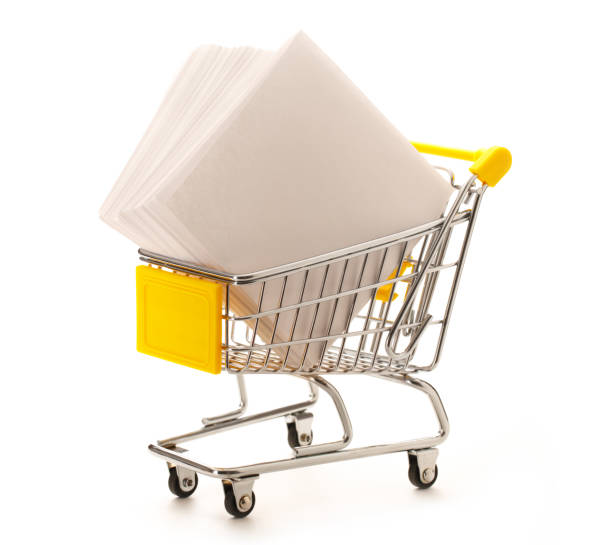 market pushcart with sheets of paper - paper stack heap index card imagens e fotografias de stock