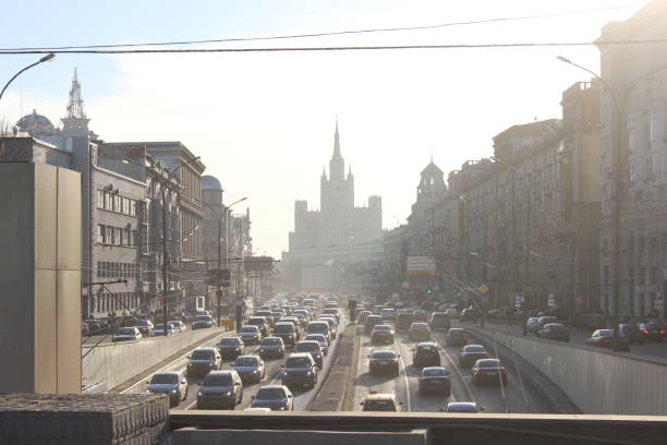 View on highway with a traffic early in the morning in the center of Moscow.