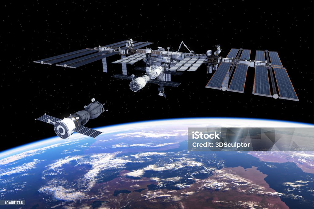 Spacecraft Docked To International Space Station Spacecraft Docked To International Space Station. 3D Illustration. (NASA Images NOT USED!) International Space Station Stock Photo