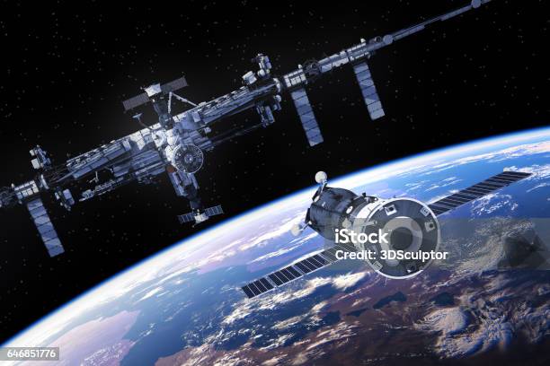 Spacecraft Is Preparing To Dock With International Space Station Stock Photo - Download Image Now