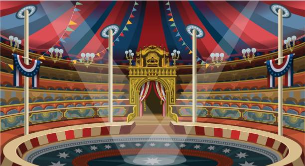 ilustraciones, imágenes clip art, dibujos animados e iconos de stock de ilustración de vector de banner de circo carnaval tienda invitan a parque temático - carpa de circo