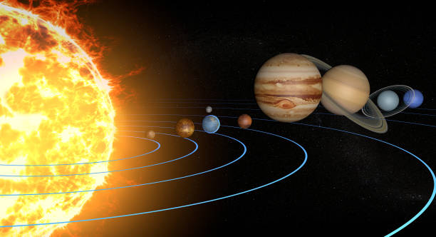 sonnensystem planeten, durchmesserverhältnis, mengen, größen und umlaufbahnen - satellite dish stock-fotos und bilder