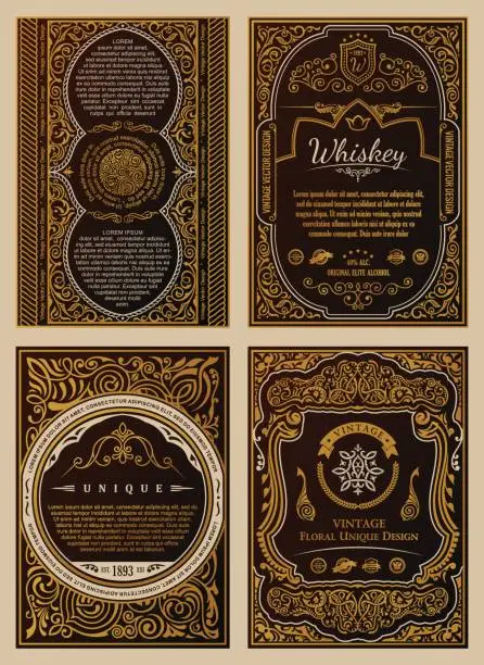 Vector illustration of Vintage set retro cards. Template greeting card wedding invitation. Line calligraphic frames