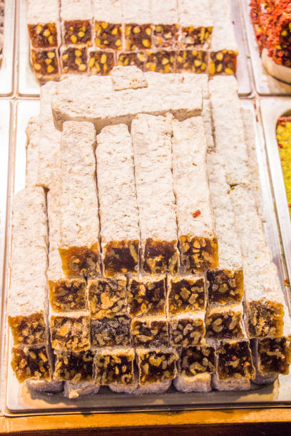istock Different kinds of Turkish delight sweets at the Market 646864662