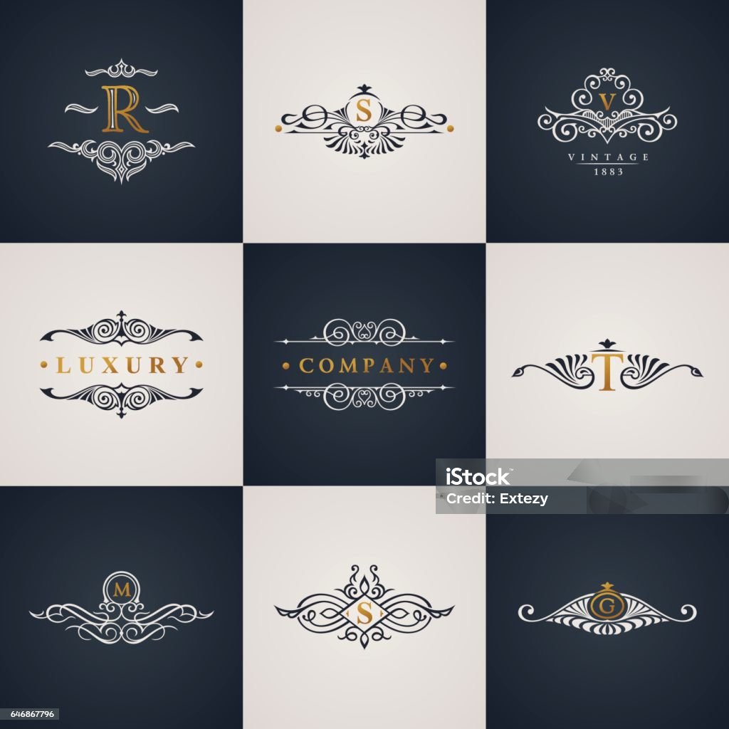 Luxury logo monogram set. Vintage royal flourishes elements. Calligraphic symbol ornament Luxury logo monogram set. Vintage royal flourishes elements. Calligraphic symbol ornament. Letter R, S, V, T, M, G. Vector pattern emblem. Calligraphic design frame Logo stock vector