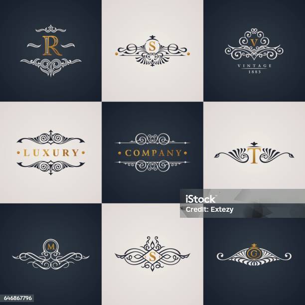 Luxury Logo Monogram Set Vintage Royal Flourishes Elements Calligraphic Symbol Ornament Stock Illustration - Download Image Now