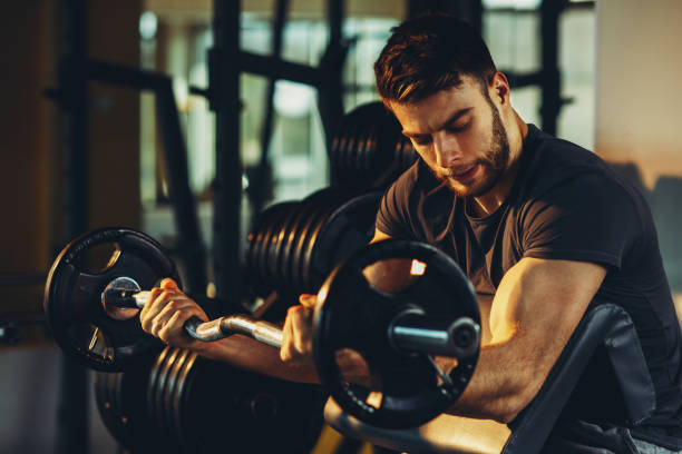 Handsome man doing biceps lifting barbell on bench in a gym stock photo