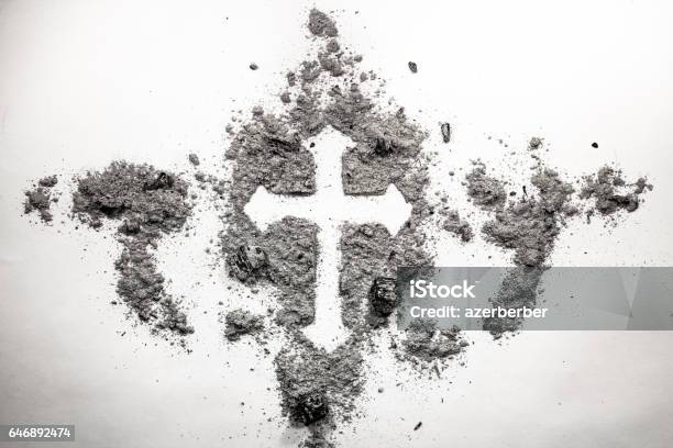 Christian Cross Drawing Silhouette Made In Ash Dust Dirt As Ash Wednesday Holiday Stock Photo - Download Image Now