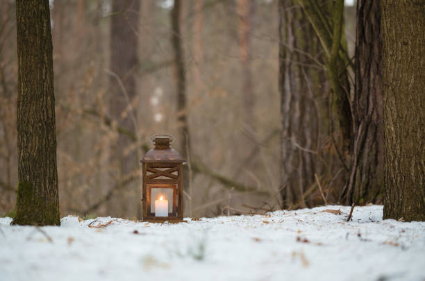 istock Lantern with a candle in the winter forest. 646893766