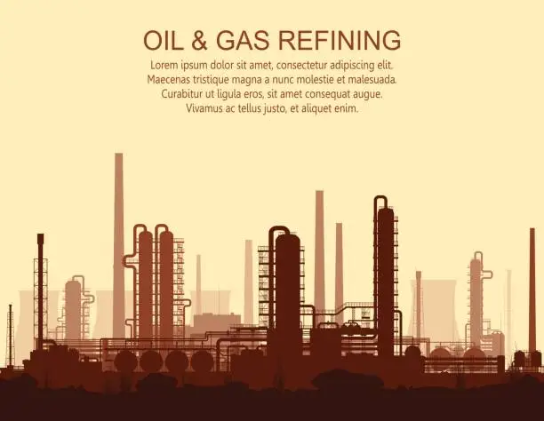 Vector illustration of Oil and gas refinery or chemical plant at sunset. Vector illustration.