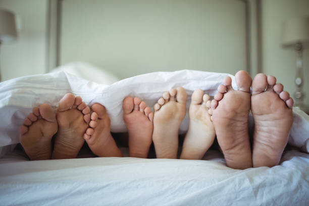 Family feet sticking out from under the bed sheet Close-up of family feet sticking out from under the bed sheet bed human foot couple two parent family stock pictures, royalty-free photos & images